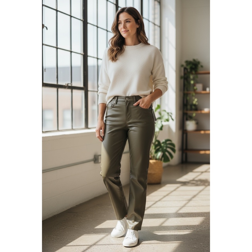 En Saison Faux Leather Pants‎ Olive Green Straight Leg Trousers Medium NWT